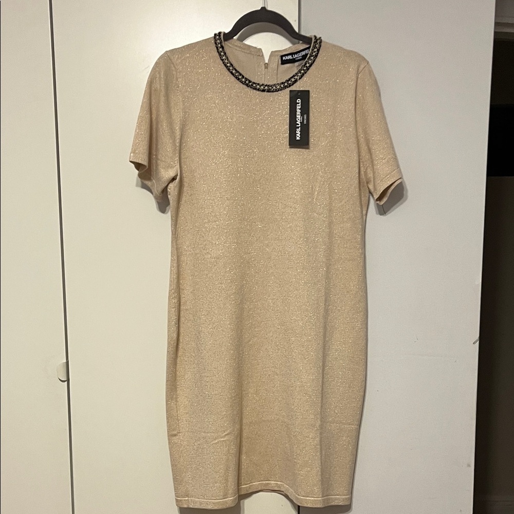 Karl Lagerfeld  Gold Sparkle Dress with Embellished Neckline